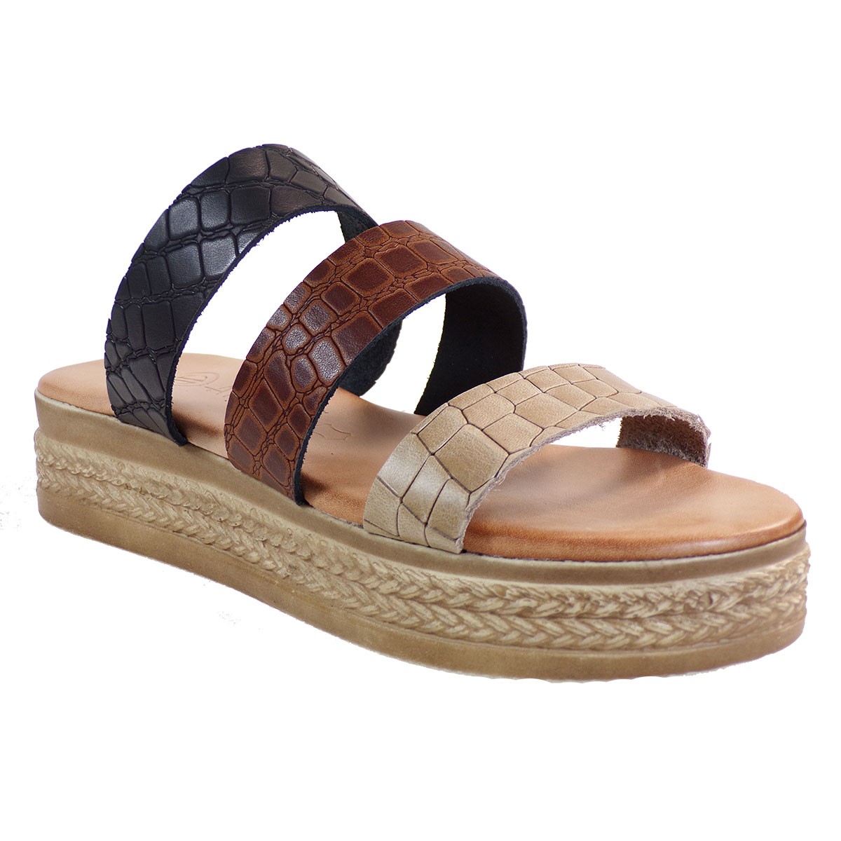 Katia Shoes Γυναικεία Παντόφλες Πλατφόρμες Κ134-2097 Μπέζ-Σοκολά-Μαύρο Δέρμα
