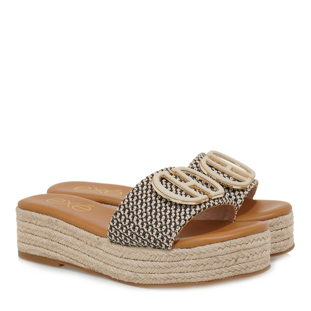  EXE Shoes Γυναικεία Παντόφλας 39W-829 Μπέζ Μαύρο Ψάθα S439W829216M 2025
