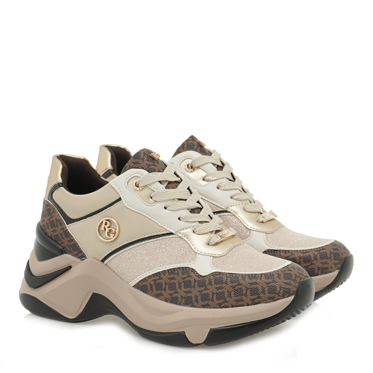 Renato Garini Γυναικεία Παπούτσια Sneakers 19R-186 Μπέζ Glitter Καφέ Στάμπα T119R18645F4