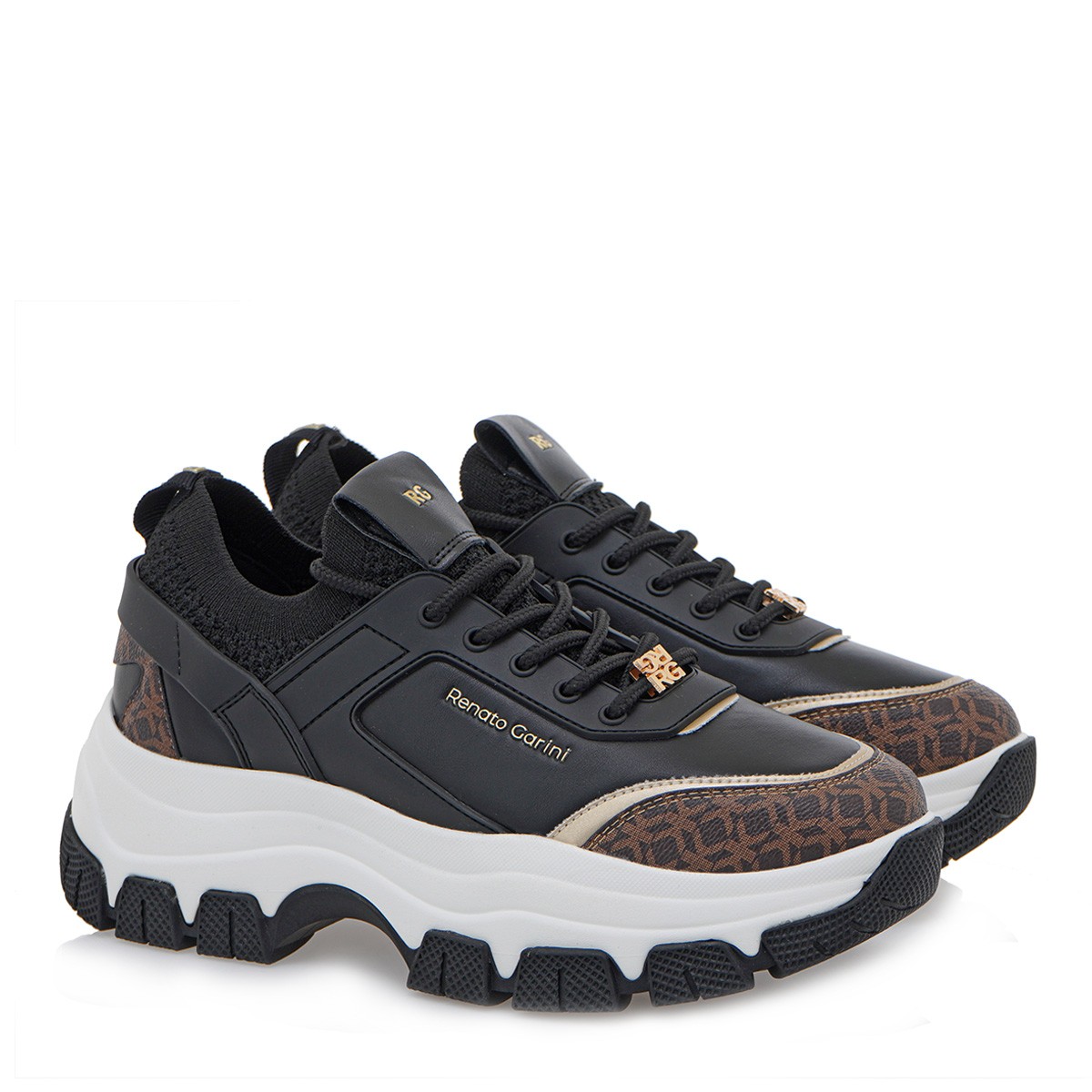 Renato Garini Γυναικεία Παπούτσια Sneakers 19R-292 ΜΑΥΡΟ ΚΑΦΕ ΣΤΑΜΠΑ T119R2923K72