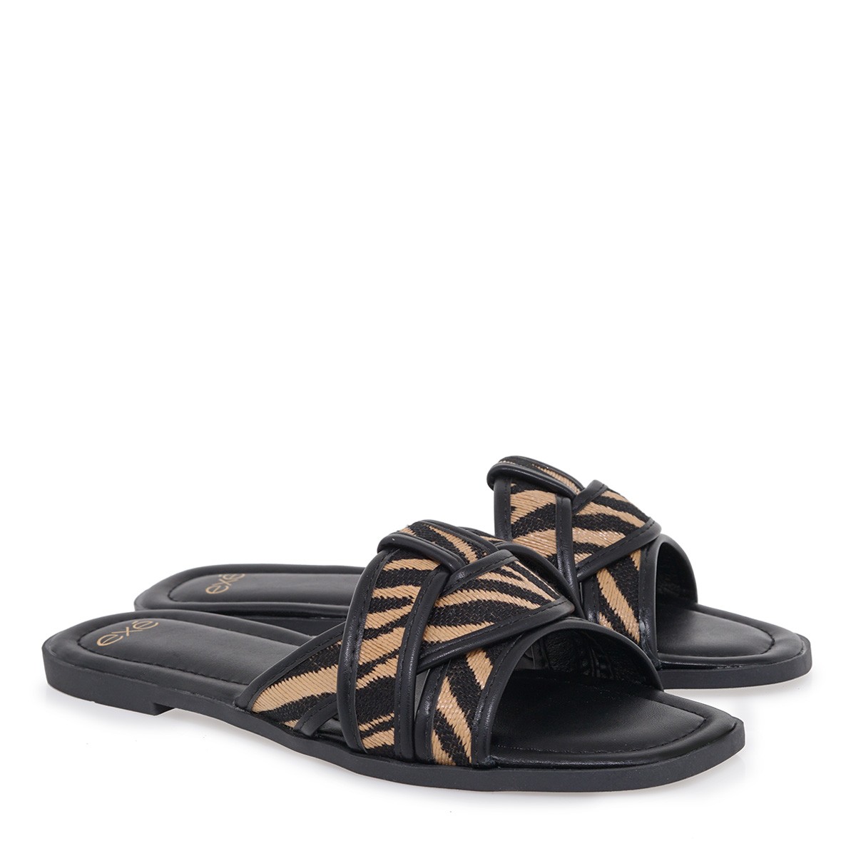 EXE EXE Shoes Γυναικείες Παντόφλες 700-159 Μαύρο Καμηλό Ζεμπρά U470015911K4