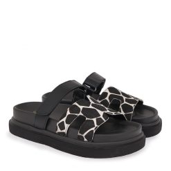 EXE Shoes Γυναικεία Παντόφλας FLATFORMS 03R-340 Μαύρο off white GIRAFFE  ΜΑΥΡΟ ΔΕΡΜΑ U403R34021L90
