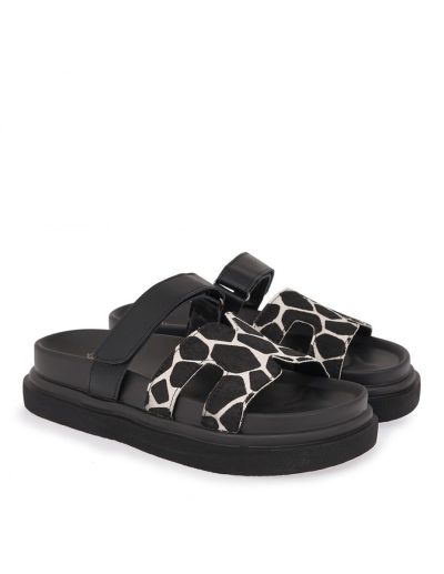 EXE Shoes Γυναικεία Παντόφλας FLATFORMS 03R-340 Μαύρο off white GIRAFFE  ΜΑΥΡΟ ΔΕΡΜΑ U403R34021L90